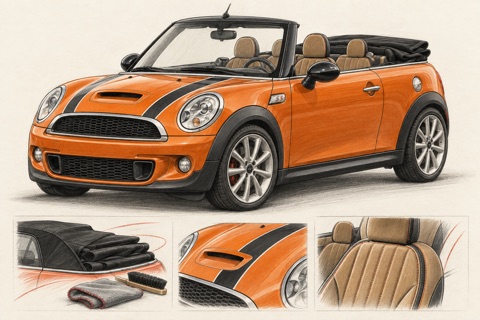 Оранжевый MINI Convertible R57: иллюстрация ухода за мягким верхом, сиденьями и кузовом