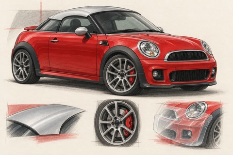 Красный MINI Coupé R58 с серебристой крышей: иллюстрация колёс и защиты передней части