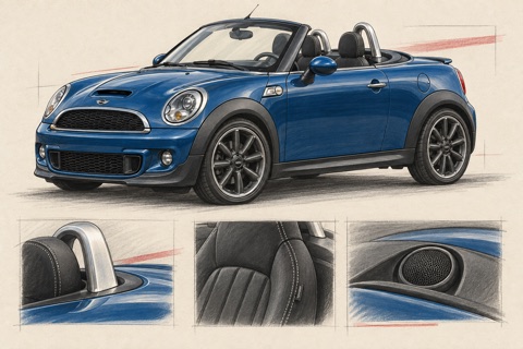 Синий двухместный MINI Roadster R59: иллюстрация салона и размещения динамиков