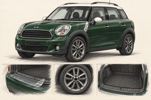 Зелёный MINI Countryman R60 с белой крышей: иллюстрация защиты багажного проёма и подбора колёс