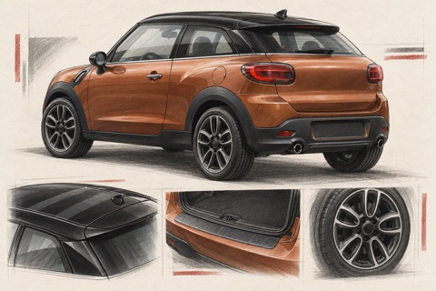 Оранжевый трёхдверный MINI Paceman R61: иллюстрация крыши, колёс и багажника