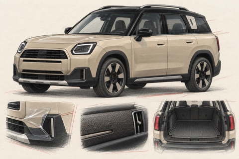 Бежевый MINI Countryman U25: иллюстрация защиты передней части, текстиля салона и багажника