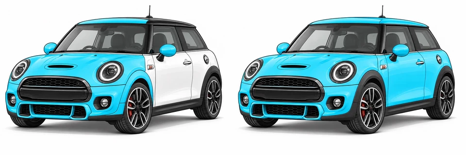 Две схемы защитной плёнки для MINI Cooper F56: слева передняя часть с передними арками без порогов, справа весь наружный кузов