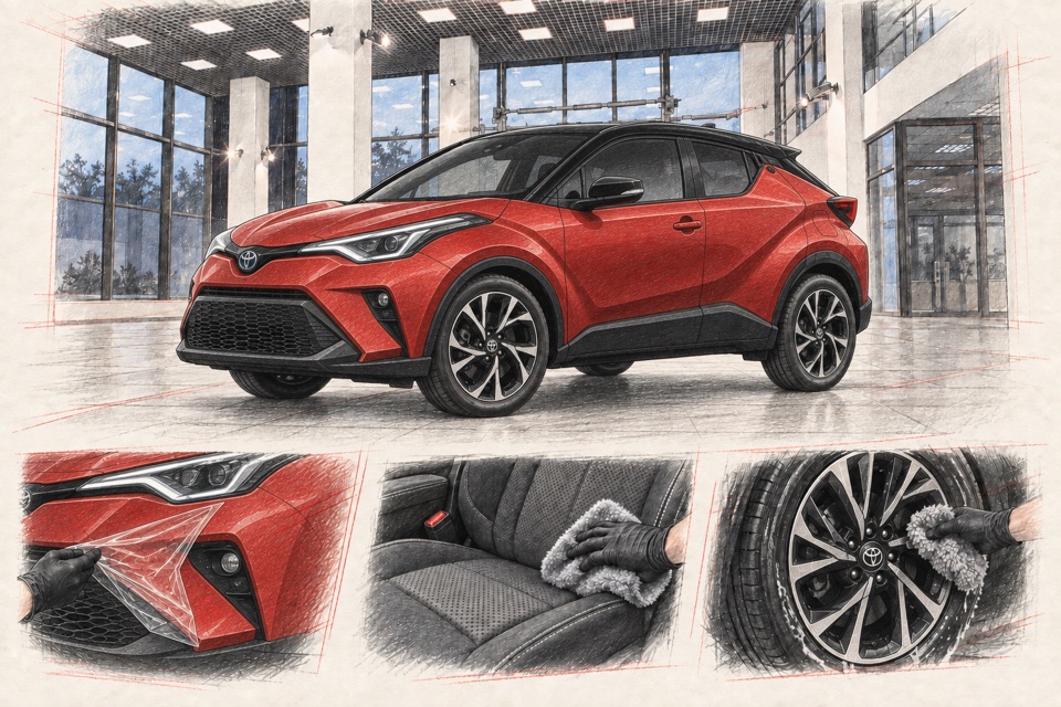 Toyota C-HR, первое поколение, рестайлинг: иллюстрация автомобиля в мастерской ILLSKILL