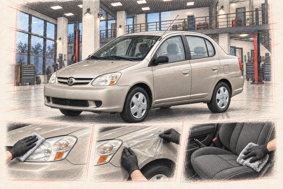 Toyota Echo, первое поколение, седан: иллюстрация автомобиля в мастерской ILLSKILL