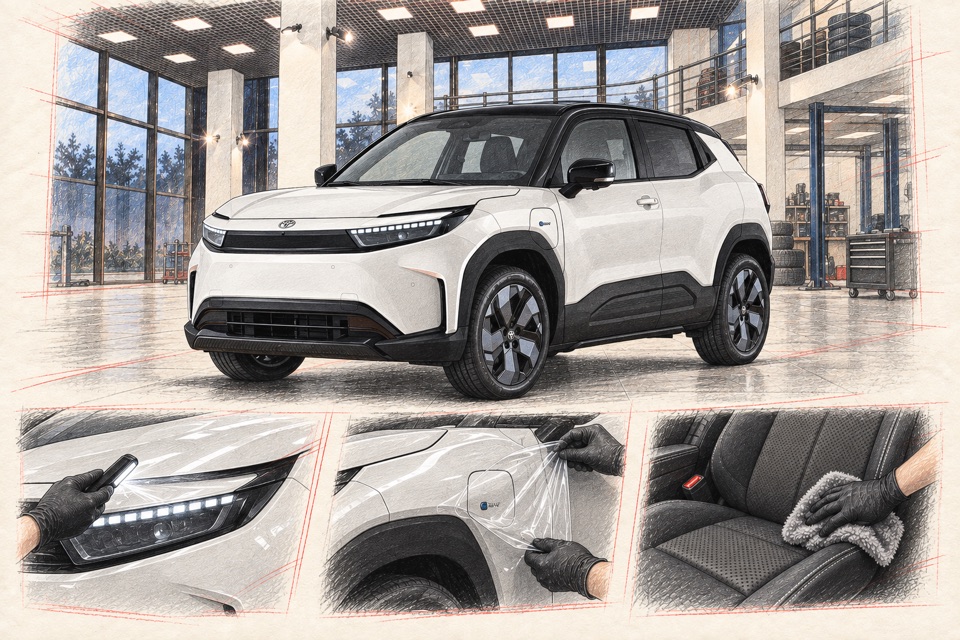 Toyota Urban Cruiser EV, электрический Urban Cruiser: иллюстрация автомобиля в мастерской ILLSKILL