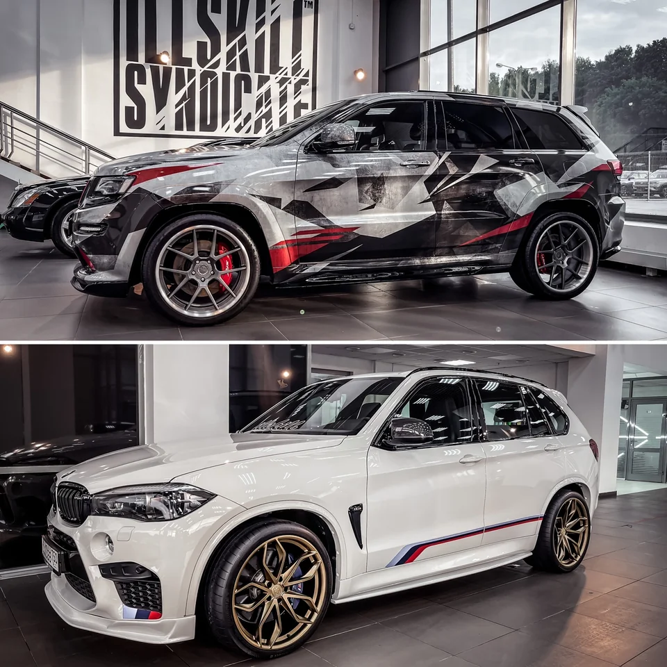 Коллаж: Jeep Grand Cherokee SRT с графитовыми дисками сверху и BMW X5 M с бронзовыми дисками снизу
