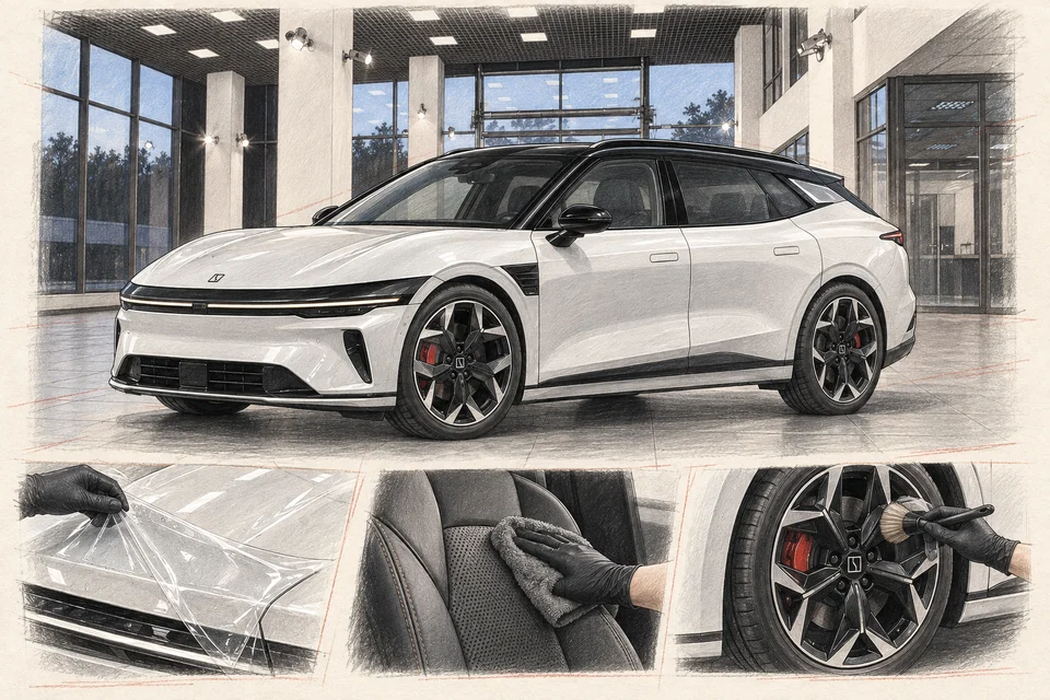 Zeekr 7GT / 007GT в мастерской ILLSKILL — иллюстрация с примерами защиты кузова, ухода за салоном и колёсами